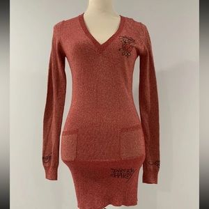 Ed Hardy Bling Tattoo Lurex Red Tunic V Neck Sweater By Christian Audigier SZ M